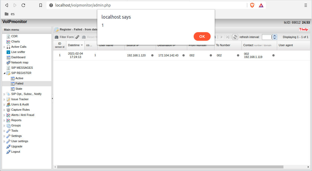 XSS via failed REGISTER message